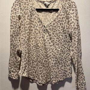 Lucky Brand Beige Leopard Waffle Knit Long Sleeve Top